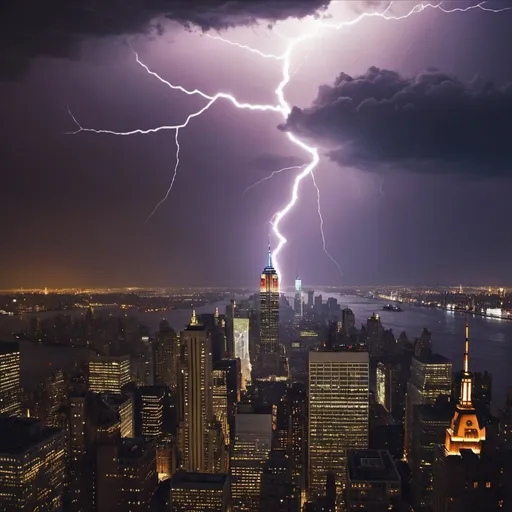 Prompt: lightning above ny skyline in the style of blade runner from hudson
