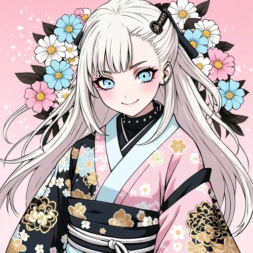 Prompt: a girl with long white hair wearing a punk style japanese dress anime style happy smiling harajuku fighter pale blue eyes white black gold pale pink soft colors soft shading cute flowers ninja punk