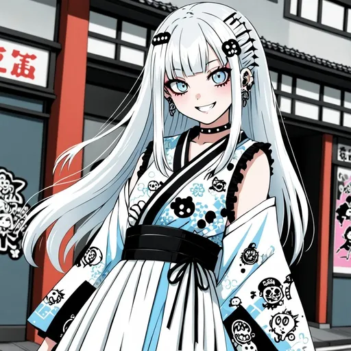 Prompt: a girl with long white hair wearing a punk style japanese dress anime style happy smiling harajuku white black pale blue silver