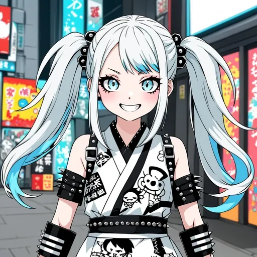 Prompt: a girl with long white hair wearing a punk style japanese dress anime style happy smiling harajuku white black pale blue silver fighter pigtails