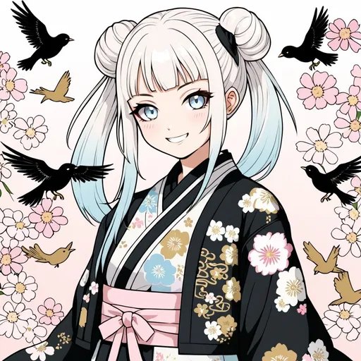 Prompt: a girl with long white hair wearing a punk style japanese dress anime style happy smiling harajuku fighter pale blue eyes white black gold pale pink soft colors soft shading cute flowers birds buns pigtails jacket ninja