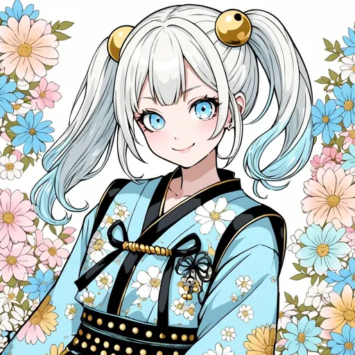 Prompt: a girl with long white hair wearing a punk style japanese dress anime style happy smiling harajuku fighter pale blue eyes white black gold pale blue soft colors soft shading cute flowers buns pigtails bells jacket