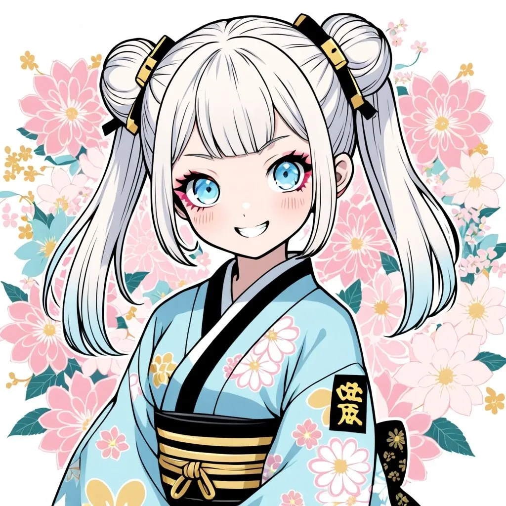 Prompt: a girl with long white hair wearing a punk style japanese dress anime style happy smiling harajuku fighter pale blue eyes white black gold pale pink soft colors soft shading cute flowers buns pigtails ninja punk cute