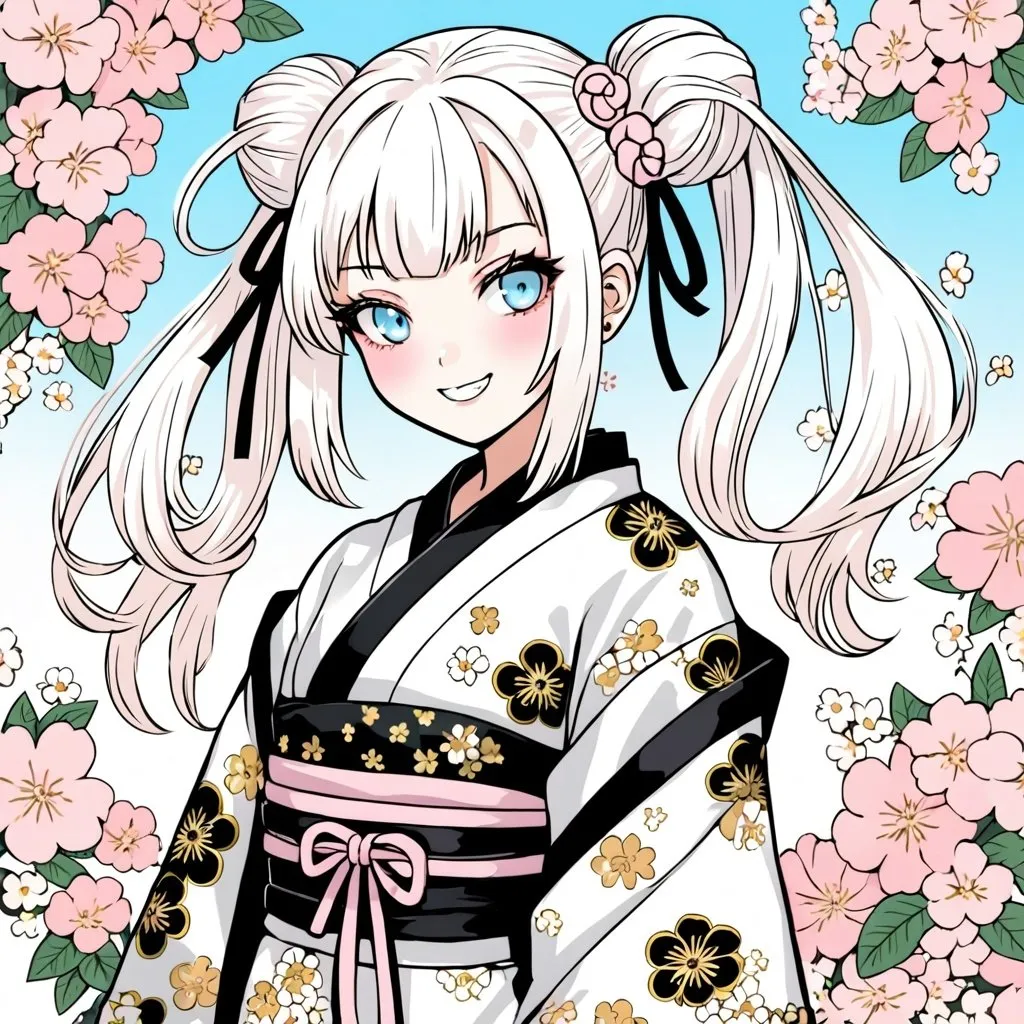 Prompt: a girl with long white hair wearing a punk style japanese dress anime style happy smiling harajuku fighter pale blue eyes white black gold pale pink soft colors soft shading cute flowers buns pigtails ninja punk cute