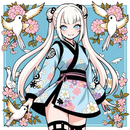 Prompt: a girl with long white hair wearing a punk style japanese dress anime style happy smiling harajuku fighter pale blue eyes white black gold pale pink soft colors soft shading cute flowers birds buns pigtails ninja thigh highs