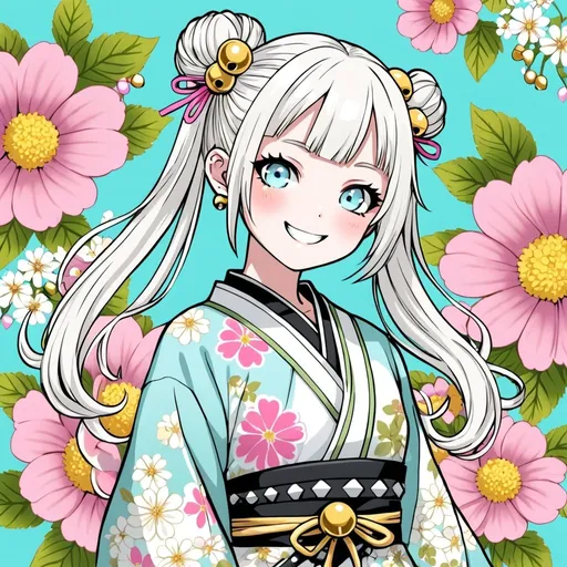 Prompt: a girl with long white hair wearing a punk style japanese dress anime style happy smiling harajuku fighter pale blue eyes white black gold pink green soft colors soft shading cute flowers buns pigtails bells