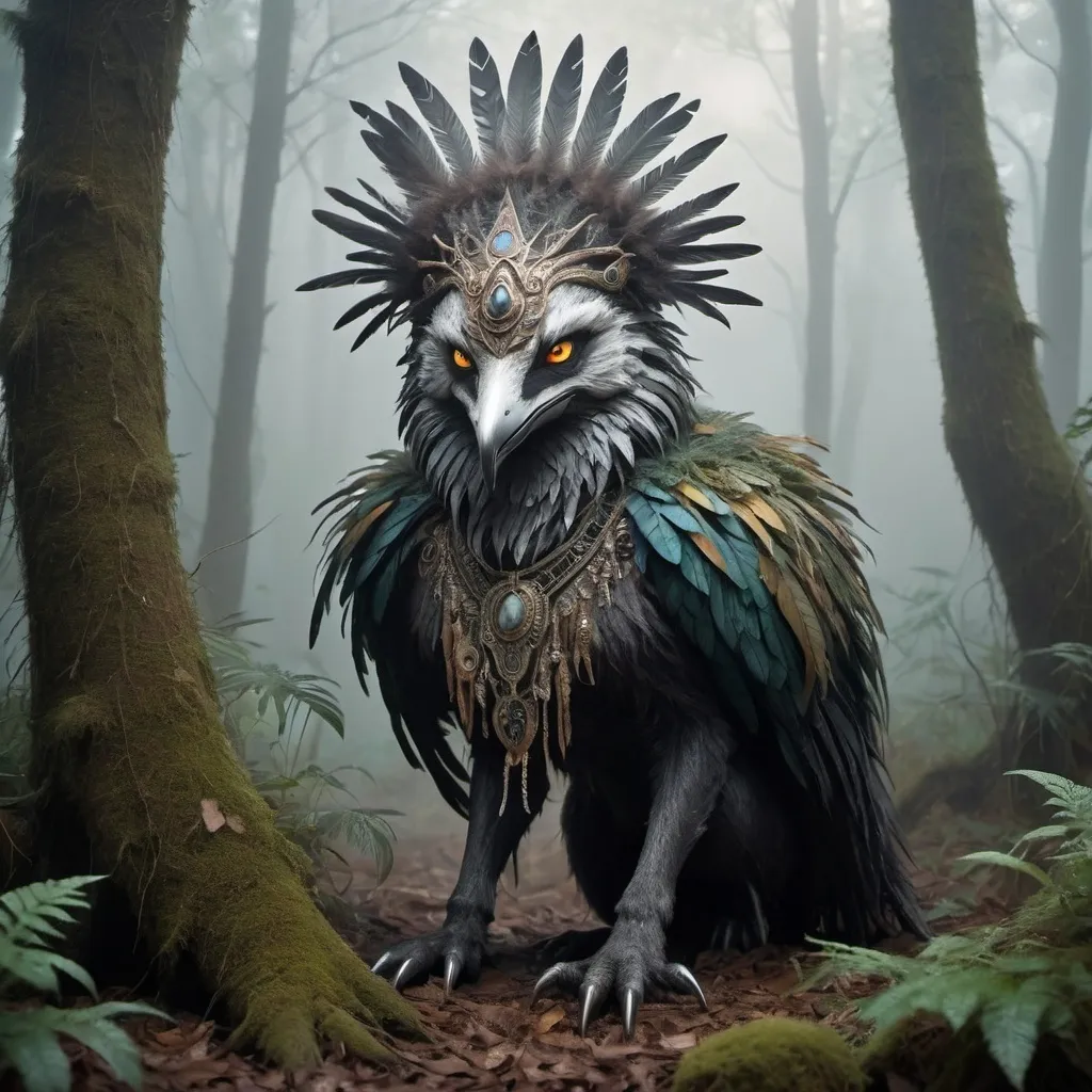 Prompt: 
generate a highly detailed and atmospheric scene of a mystical forest create crouching in a Misty woodland setting. creature has an otherworldly appearance, with itricate body pant resembling cracked earth, and wears elaborate feathered adornments including a headdress made of dark and light feathers. the creatures face is partially marks, with sharp, angular features and instance, almoat hunting eyes. the environment around is dense with fog, with tall tress and a Moody, ethereaal ambiance, emphasizing the creatures connection to the mystical forest