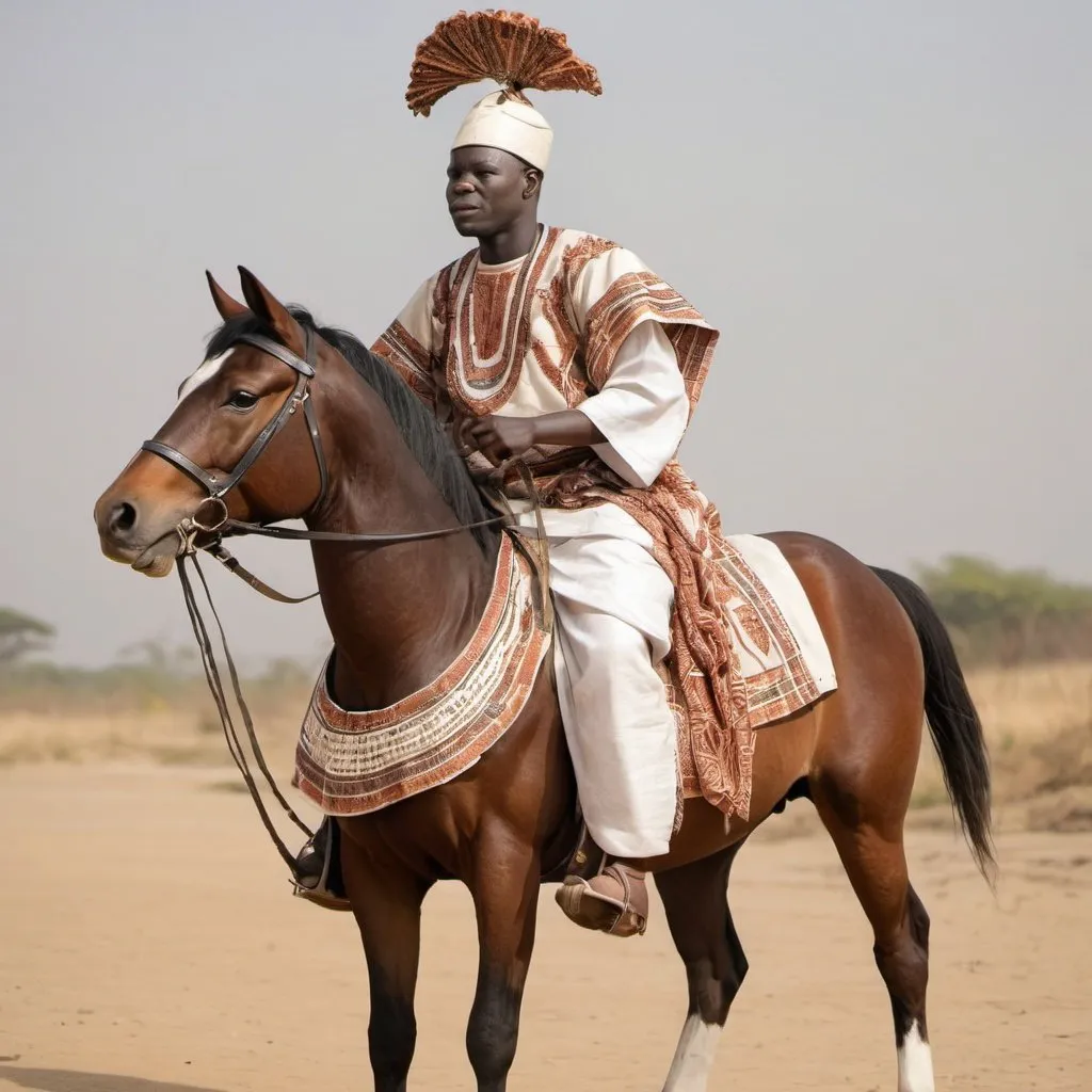 Prompt: Generate a picture of a historically accurate Yoruba Calvaryman on his horse 