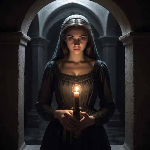 Prompt: The graphic should depict a solitary Juliet standing in a dimly lit room, her face a mix of determination and anxiety. Shadows should loom around her, symbolizing her fears. In her hand, she holds the potion vial, representing both the cause of her fear and her hope for escape. Her posture should be tense, with her other hand clutching her chest, emphasizing the "cold fear" she feels. The background can have ghostly images of the Capulet tomb, enhancing the sense of foreboding and the gravity of her decision.