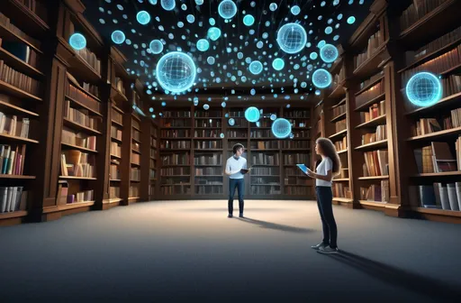 Prompt: 
create a picture of a student holding an iPad, stands in the center of a dark library, surrounded by floating holographic spheres and data visualization, symbolizing AI's role as their personal backdrop for learning. they are dressed casually with curly hair, standing confidently against the background of bookshelves filled with various books on technology and science.