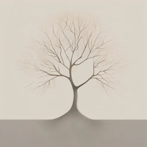 Prompt: A minimalist Scandinavian-style composition featuring a single, stylized tree with thin, geometric branches, placed slightly off-center on a textured, muted beige background. The tree trunk and branches are smooth and symmetrical, rendered in soft gray. The backdrop includes a faint gradient from light beige to pale gray, creating a calm and balanced atmosphere. A small, warm ochre-colored circle (representing the sun) is placed in the upper left corner, with a subtle glow. The design is flat and clean, with plenty of negative space. No shadows or intricate details—just simple shapes and a soft, natural color palette inspired by Nordic decor trends.