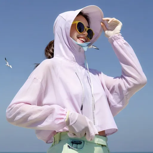 Prompt: On a bright summer afternoon, a girl wearing a bright yellow sun protective clothing and stylish sunglasses strolls casually along the beach. She smiles as if engaging in a gentle conversation with the sea breeze, while the sound of waves crashing on the shore fills the background and seagulls soar in the sky.