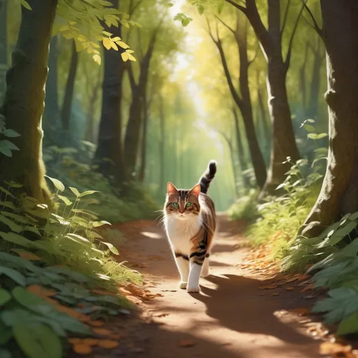 Prompt: (cat walking in a forest), (serene atmosphere), lush greenery, dappled sunlight filtering through trees, soft shadows, (highly detailed fur), curious expression, gentle winding path, vibrant colors, (warm tones), (ultra-detailed), magical ambiance, whimsical nature scene, soft breeze rustling leaves.