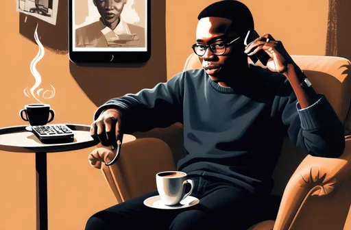 Prompt: a man sitting in a chair with a phone and a cup of coffee in his hand and a phone in his other hand, Bruce Onobrakpeya, lyco art, artgem, a photocopy.ADD A YOUNG GORGEOUS GIRL IN THE PICTURE
