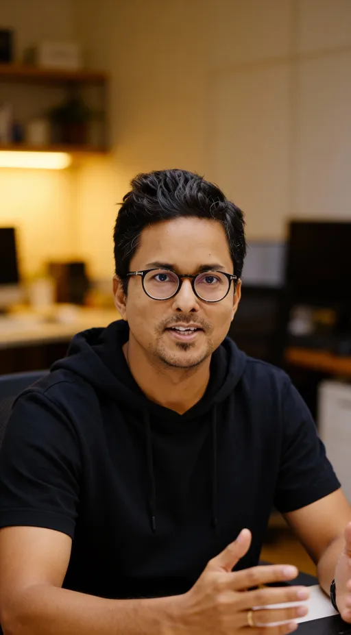 Prompt: @CWGEKOtbkGcUvxNWlMi7 Tech founder in conversation mode looking at camera, South Asian male, early 30s, genuine friendly expression, home office or co-working space background slightly blurred, wearing simple dark t-shirt or hoodie, warm ambient lighting, authentic candid feel, cinematic quality, front-facing, shallow depth of field, creator sharing insights with audience vibe