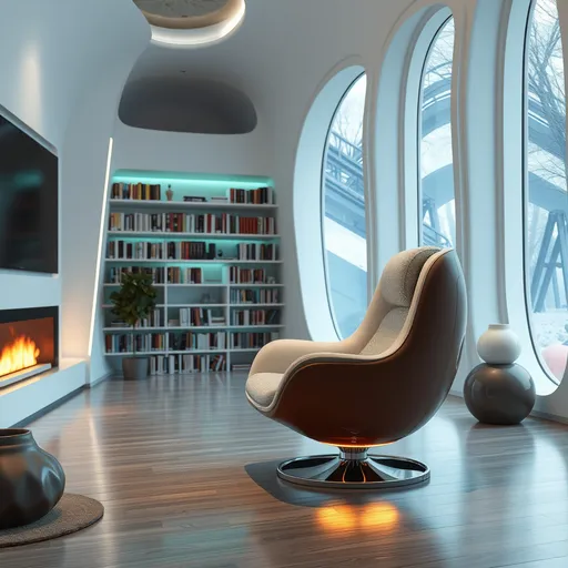 Prompt: futuristic high tech chair design in a future cozy home near a big library 