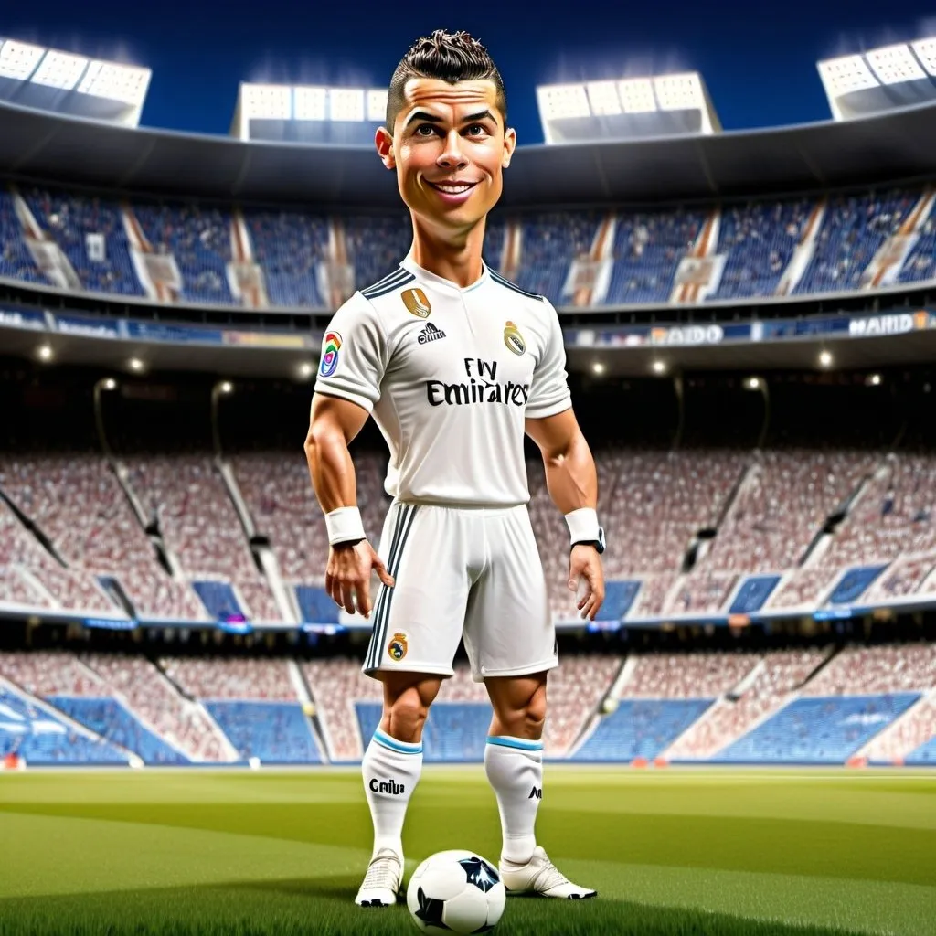 Prompt: Realistic 4D caricature of football star for Real Madrid club, cristiono ronaldo, wearing the 7 jersey, standing, stadium bacgroud, pixar style