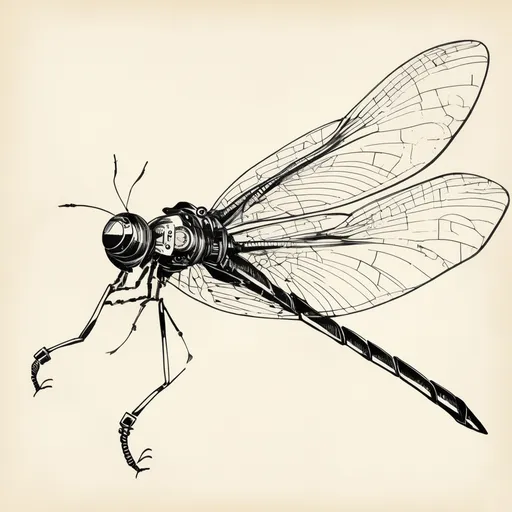 Prompt: Vintage clipart drawing of a robotic dragonfly, black and white, ink drawing