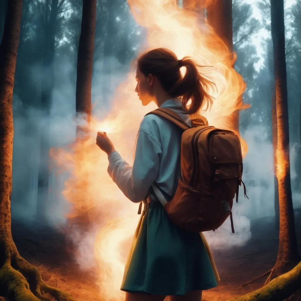 Prompt: Girl with backpack in a forest, opening a portal of light and smoke to a different dimension, gust of wind and fire 