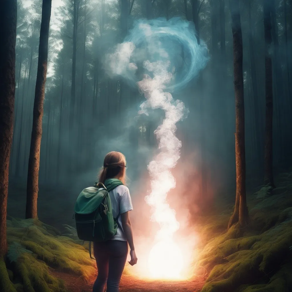 Prompt: Girl with backpack in a forest, opening a portal of light and smoke to a different dimension
