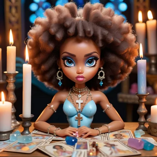 Prompt: a bratz doll with a big afro sitting around candles and crystals, a cross on it's chest, tarot reading , harlem renaissance, brown skin, frost blue eyes 