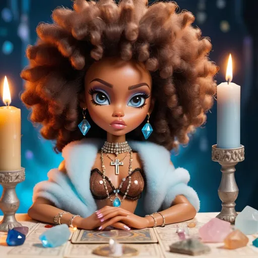 Prompt: a bratz doll with a big afro sitting around candles and crystals, a cross on it's chest, tarot reading , harlem renaissance, brown skin, frost blue eyes 