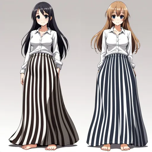 Prompt: Multiple barefooted pregnant long-straight haired anime girls who are wearing vertical striped maxi long skirts that are extremely long. The anime girls are also wearing long-sleeved buttoned white shirts.

The long maxi skirts have striped patterns that are very vertical.