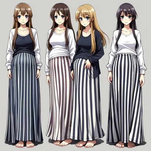 Prompt: Multiple barefooted pregnant long-straight haired anime girls who are wearing vertical striped maxi long skirts that are extremely long. The anime girls are also wearing long-sleeved buttoned white shirts.

The long maxi skirts have striped patterns that are very vertical.