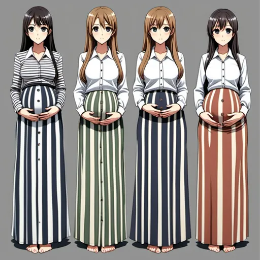 Prompt: Multiple barefooted pregnant long-straight haired anime girls who are wearing vertical striped maxi long skirts that are extremely long. The anime girls are also wearing long-sleeved buttoned white shirts.

The long maxi skirts have striped patterns that are very vertical.