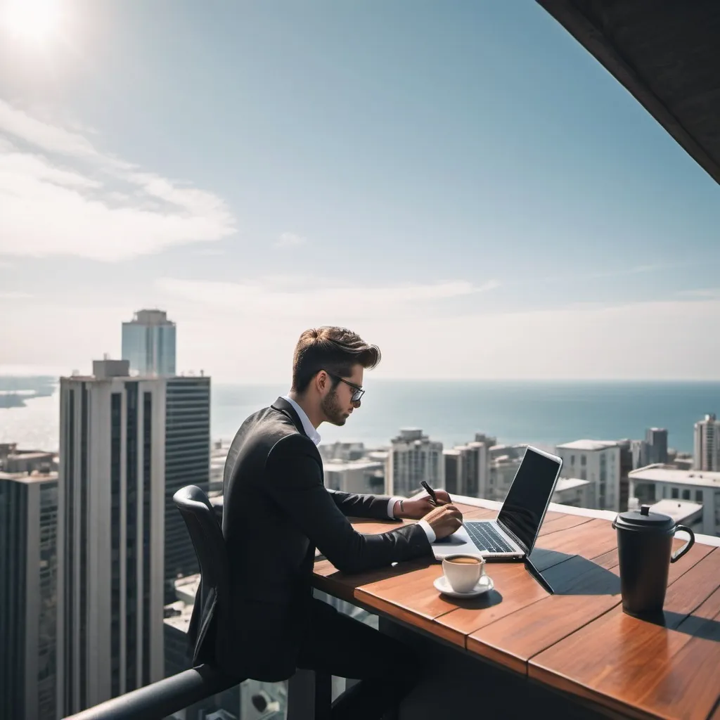 Prompt: a young digital marketing expert working fromm a rooftop of a skyscrapper having an ocean view while having black coffee