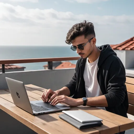 Prompt: a young digital marketing expert working on a hp laptop fromm a rooftop having an ocean view while having black coffee, wearinng a casual clothes, also an additional laptop is o table and sun glasses