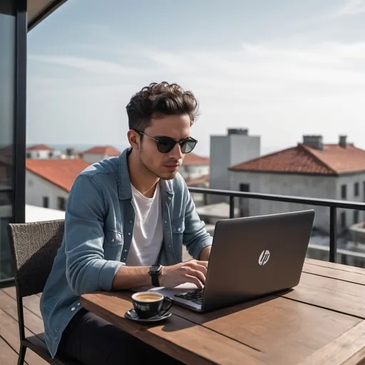 Prompt: a young digital marketing expert working on a hp laptop fromm a rooftop having an ocean view while having black coffee, wearinng a casual clothes, also an additional laptop is o table and sun glasses