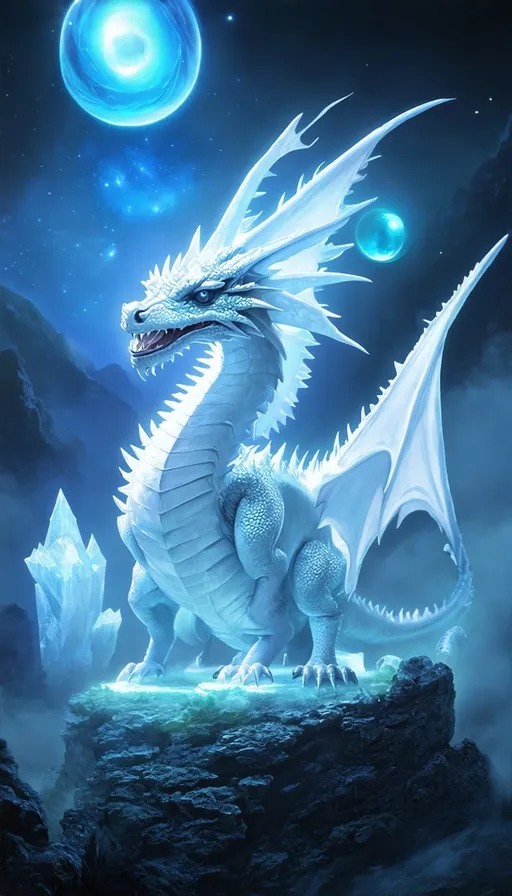 Prompt: Huge White Selenite Crystal Dragon, fantastic, cosmic energy, spiritual guide, surreal landscape, mysterious fog, glowing orbs, celestial beings, intricate details, vibrant colors, digital art, dreamlike atmosphere, spiritual journey, symbolic elements, emotional connection