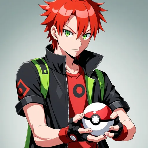 Prompt: a red head guy with green eyes wearing a black jacket, fingerless gloves with a poke ball 