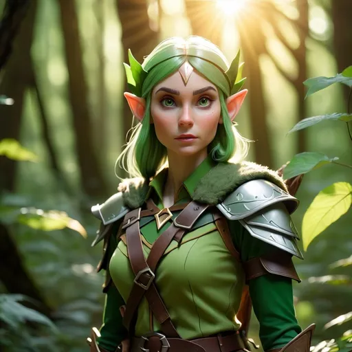 Prompt: Elf ranger in a mystical forest around sunlight