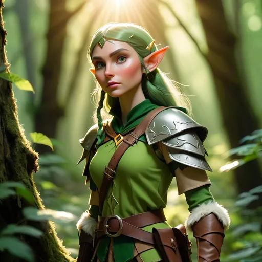 Prompt: Elf ranger in a mystical forest around sunlight