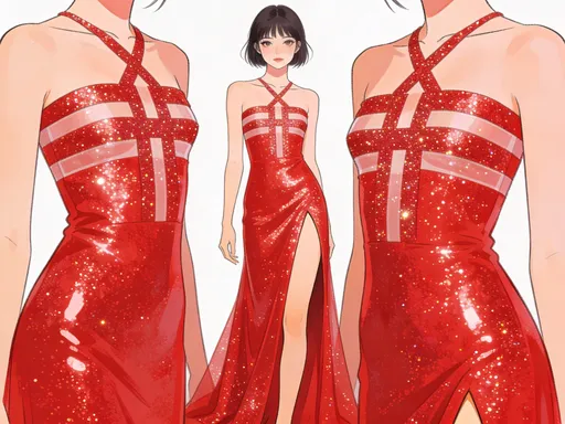 Prompt: In In this image make the the chest visible from both the side not only from between and make a cross pattern of these stripes making a girl wearing shiny glitter red dress looking like a gown from down and having a leg cut