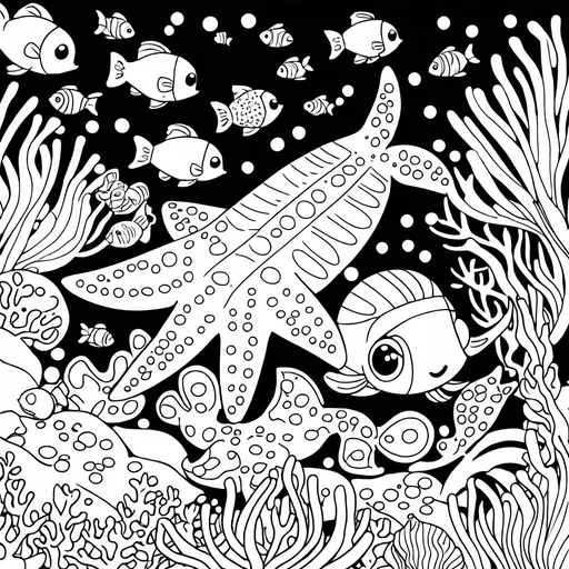 Prompt: "coloring page, Anaia under the sea with little fish and sea stars, thick black outlines, simple details for children to color"
