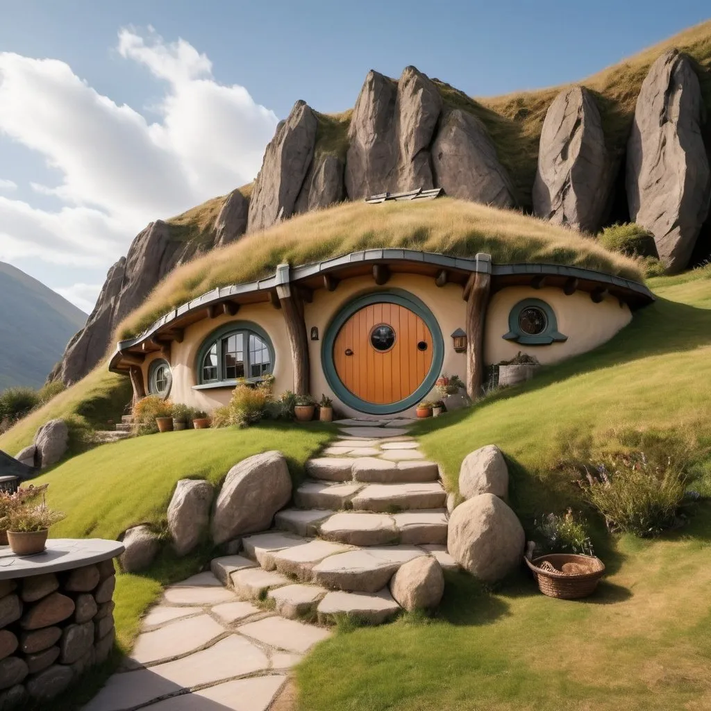 Prompt: Hobbit style house of clay and rock build into the mountain . Half of the house is in the mountain the front of the hexagon shaped house i.e. the 3 sides have a pillar on either side of the middle window. A reciprocal roof with ceiling window and a rooftop terrace surrounding the oval shaped ceiling window 