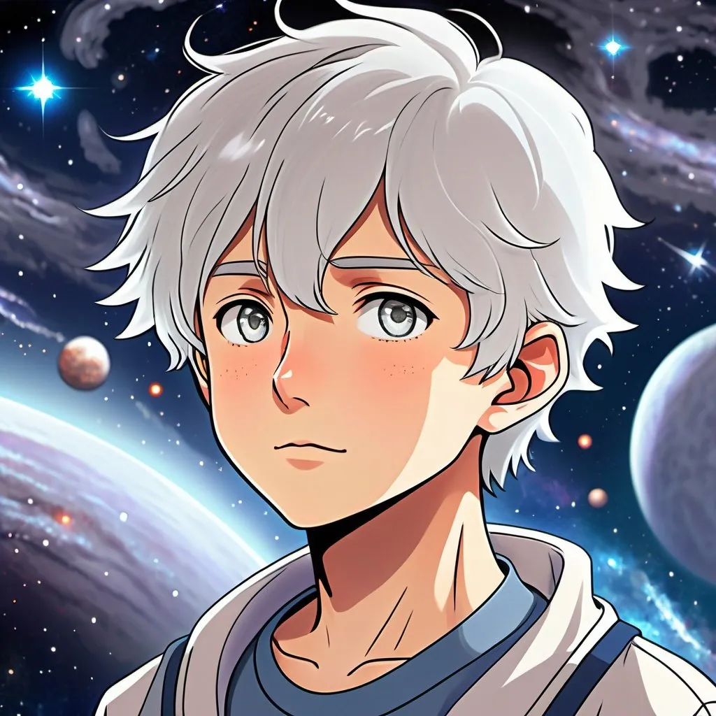 Anime style illustration of a 13-year-old boy, short...