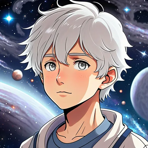 Prompt: Anime style illustration of a 13-year-old boy, short white hair, grey eyes, simple shirt, space background with distant galaxies, shoulder-height view, simple drawing, anime, space, white hair, grey eyes, simple shirt, distant galaxies, shoulder-height view, simple style, atmospheric lighting