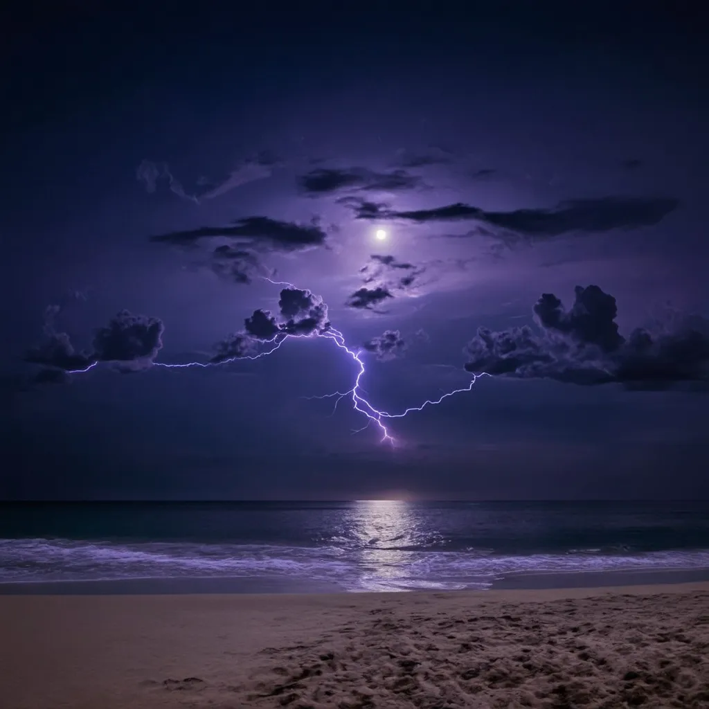 Prompt: A night sky on the beach with a moon shining through the clouds and a purple lightning stike making the sky purple covered by more dark clouds and a dimmer moon