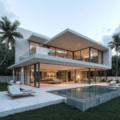 Prompt: Modern villa architecture, luxurious, spacious interior, high quality, 4k, ultra-detailed, contemporary, minimalistic design, natural lighting, stylish, sleek, outdoor infinity pool, glass facades, picturesque surroundings, elegant landscaping, open floor plan, designer furniture, modern art sculptures, neutral tones, high-end materials, dynamic composition, inviting atmosphere