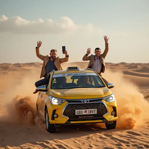 Prompt: Photo and video competition with mobile phones in an Iranian family with a taxi
Modern yellow Samand racing in the desert area