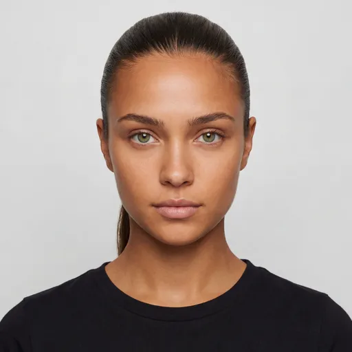 Prompt: This photograph features a close-up of a young woman with tanned skin and long, straight, dark brown hair. She has striking green eyes. Her facial features are symmetrical, with well-defined eyebrows. Face forward image of the woman, she is looking directly straight into the camera with the entire face clearly visible and both eyes and ears visible. She has a tight, clean ponytail that keeps her hair neatly pulled back, emphasizing her natural face structure. She is wearing a simple black top with a round neckline. The background is a plain light gray, keeping the focus entirely on her face. The lighting is soft and even, avoiding harsh shadows while preserving the natural texture of her skin and hair. The overall style of the photograph is minimalistic and contemporary, highlighting her natural beauty. The image is centered on her face with a close-up perspective that fills most of the frame, making her the primary focus. She has little to no makeup, maintaining a clean and natural appearance.