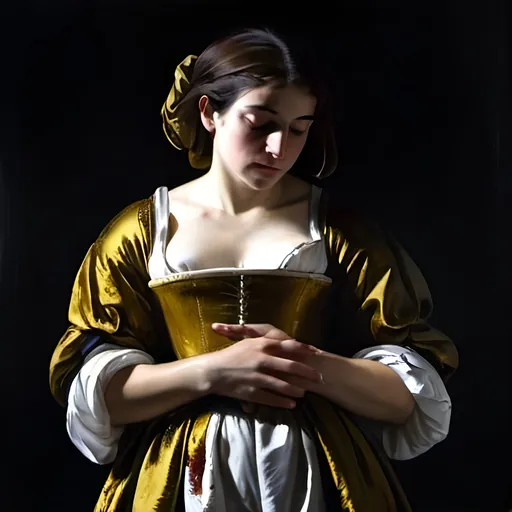 Prompt: Artemisia Gentileschi  from 1612 front torso dress straight on splashed in paint, hands clasped together in front of her, in chiaroscuro style