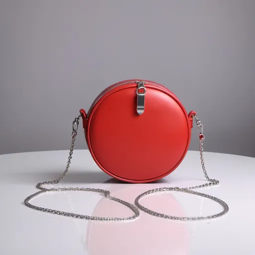 Prompt: (red round leather sling bag), sleek design, (plain body), silver chain strap with half stylish leather strap, vibrant red color, smooth texture, minimalist aesthetic, urban accessory, (high-quality) craftsmanship, perfect for everyday use, versatile style, ideal for casual outfits, elegant and chic presentation on a blurred stylish background.