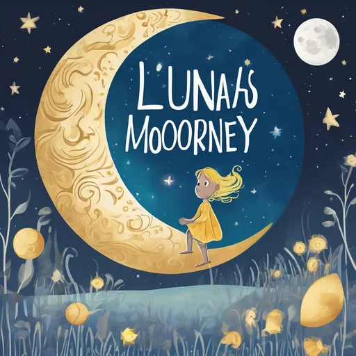 Prompt: please create a children's book cover called Luna's Moonlit Journey

The title "Luna's Moonlit Journey" in a large, eye-catching font, with an illustration of Luna looking up at the moon.

Luna's golden hair and wide, wondering eyes should be a prominent feature in all illustrations.
The moon should be depicted as a large, glowing orb with a friendly face.
The spaceship should be whimsical and imaginative, perhaps with moon-shaped windows and star-shaped lights.