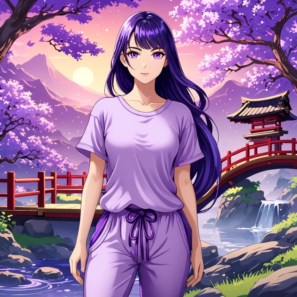 Prompt: Purple long haired and purple eyes anime young woman with full-body lilac pijama, confortable outfit, trousers and t-shirt, attractive body, beautiful face. Similar to Raiden Shogun from Genshin Impact game