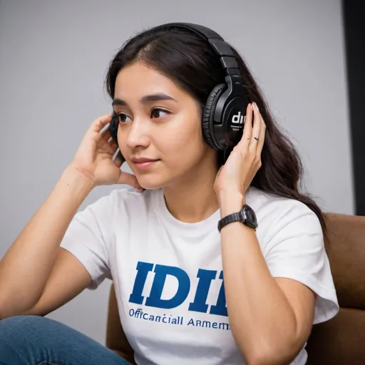 Prompt: A woman wearing Dii Official shirt while listening to music 
